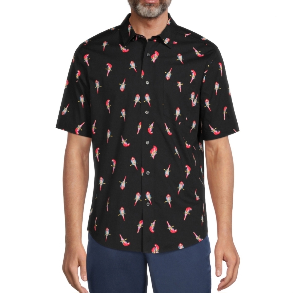 Men's Black Tropical Bird Pattern Button-Down Shirt (Size XL)